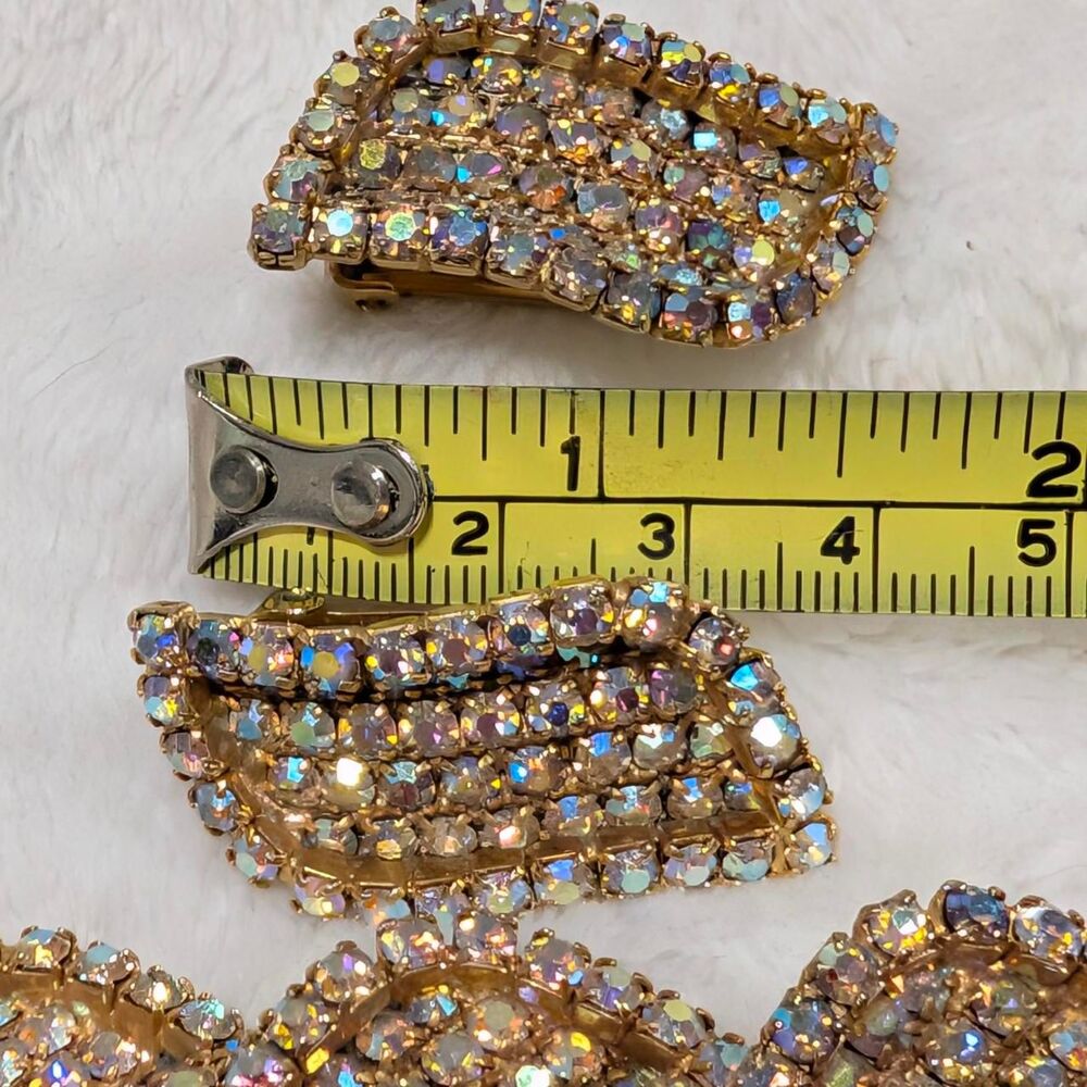 Vintage Gold Aurora Borealis Rhinestone Wave Brooch & Clip-On Earring Set Retro - Picture 7 of 7